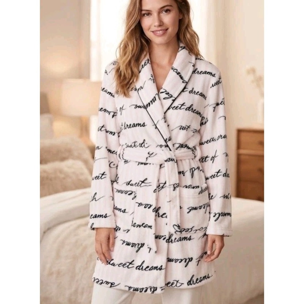 Victoria's Secret White Pink Sweet Dreams Fleece Robe Size XS/S Pockets Belt